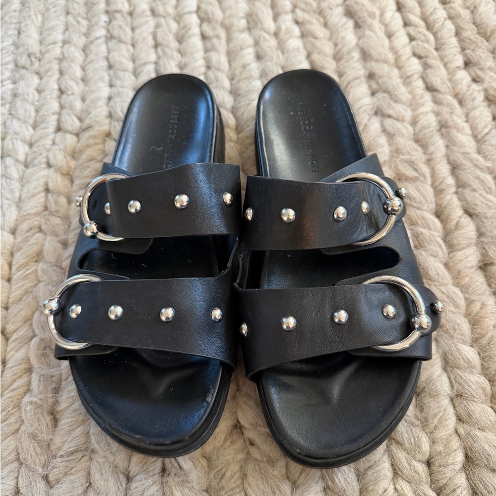 Rebecca Minkoff Black Leather Studded Double-Buckle Slide Sandals